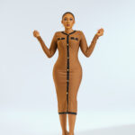 Brown Long Sleeve Button Down Bandage Midi Dress