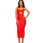 Cut-Out Under Bust Red Bandage Midi Dress
